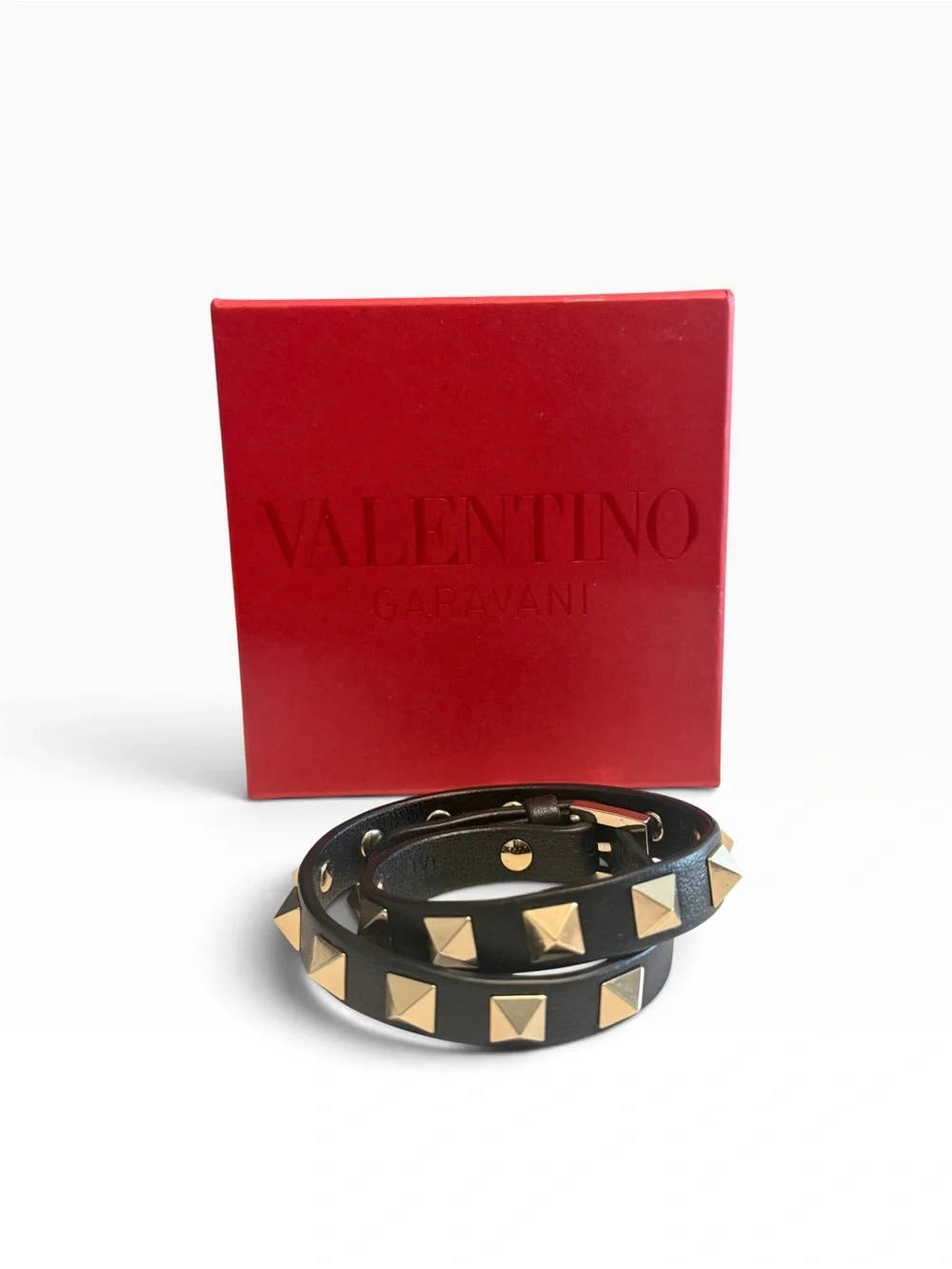 NWT! Valentino Garavani Black Leather Double Wrap Gold Studded Bracelet with Box